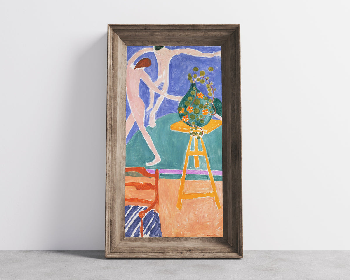 Framed art print of Nasturtiums with the Painting “Dance” (II) by Henri Matisse, in a wide wooden frame leaning against a concrete wall