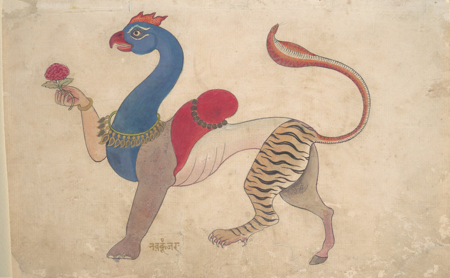 Marwar (Jodhpur) school — Navagunjara, a Universal Form of Krishna | Indian Miniature Painting Print shown to scale on a wall above a sofa