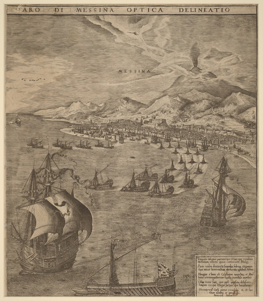 Pieter Bruegel the Elder — Naval Battle in the Straits of Messina (Messina and Mount Etna) | Engraving Print shown to scale on a wall above a sofa