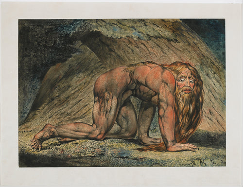Nebuchadnezzar by William Blake — A wild-eyed king crawls on all fours, his hair grown to the ground