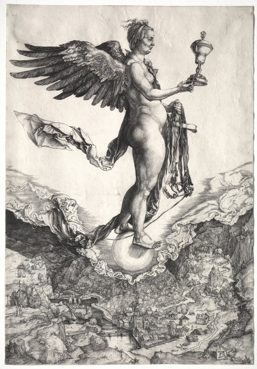 Albrecht Dürer — Nemesis | Engraving Print shown to scale on a wall above a sofa