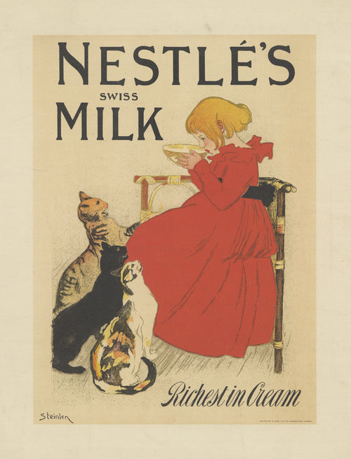 Nestlé’s Swiss Milk, Richest in Cream by Théophile Steinlen — A girl in a red dress sips milk while three cats beg at her knee