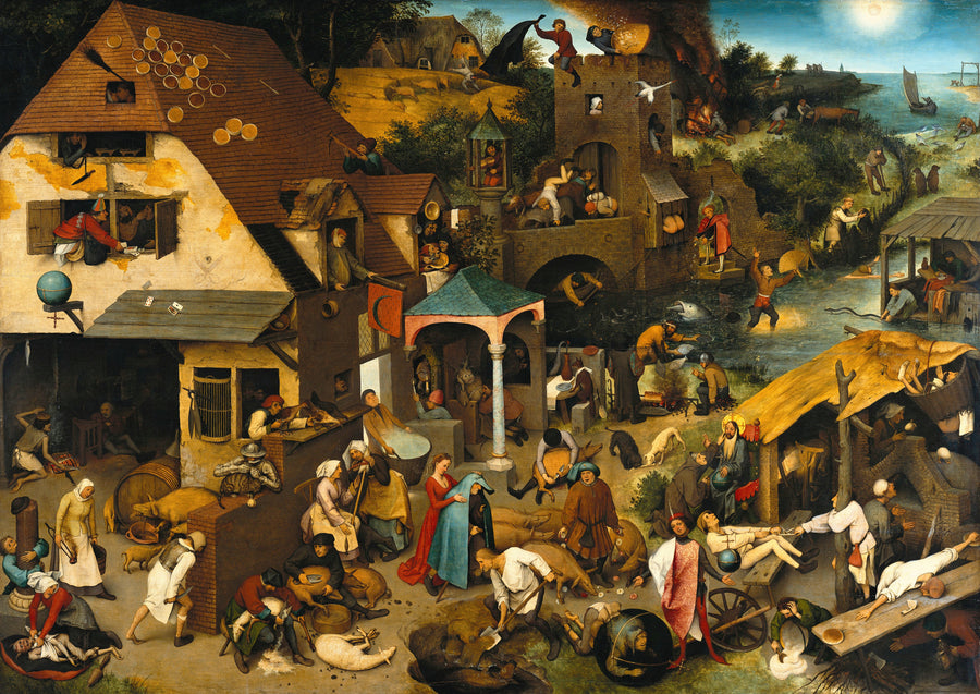Pieter Bruegel the Elder — Netherlandish Proverbs | Fine Art Print shown to scale on a wall above a sofa