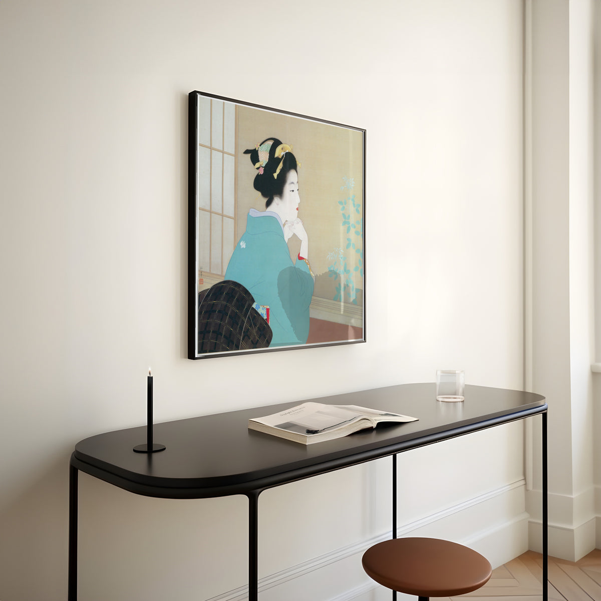 New Leaves by Uemura Shōen — shown framed on a wall