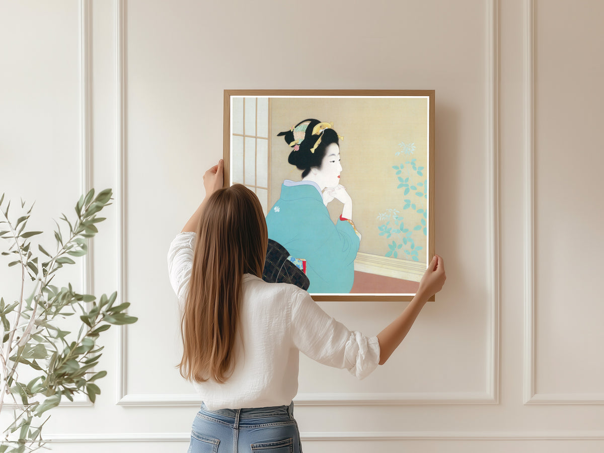 New Leaves by Uemura Shōen — shown framed on a wall