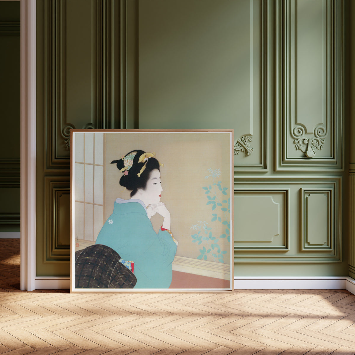 New Leaves by Uemura Shōen — shown framed on a wall