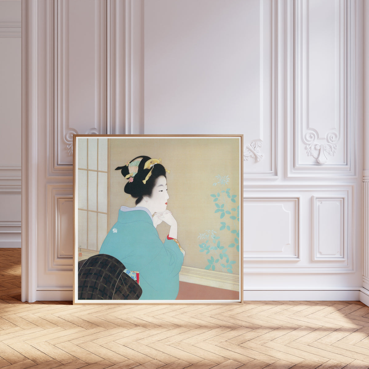 New Leaves by Uemura Shōen — shown framed on a wall