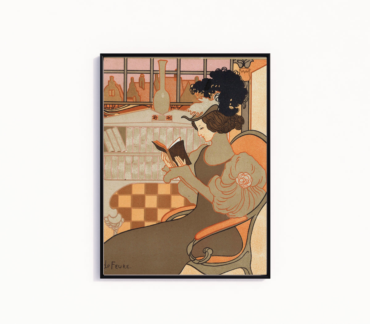 Framed art print of Nieuwjaarswens van Octave Uzanne voor het jaar 1897 by Georges de Feure, in a slim black frame on a plain white wall