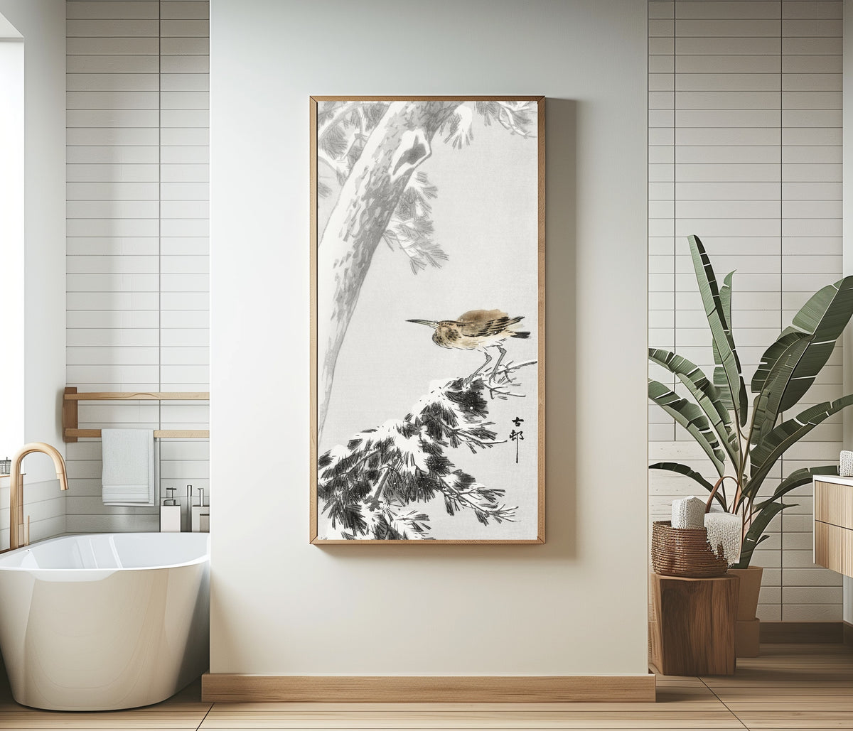 Framed art print of Night Heron on a Snowy Pine Branch by Ohara Koson, in a bathroom beside a freestanding tub