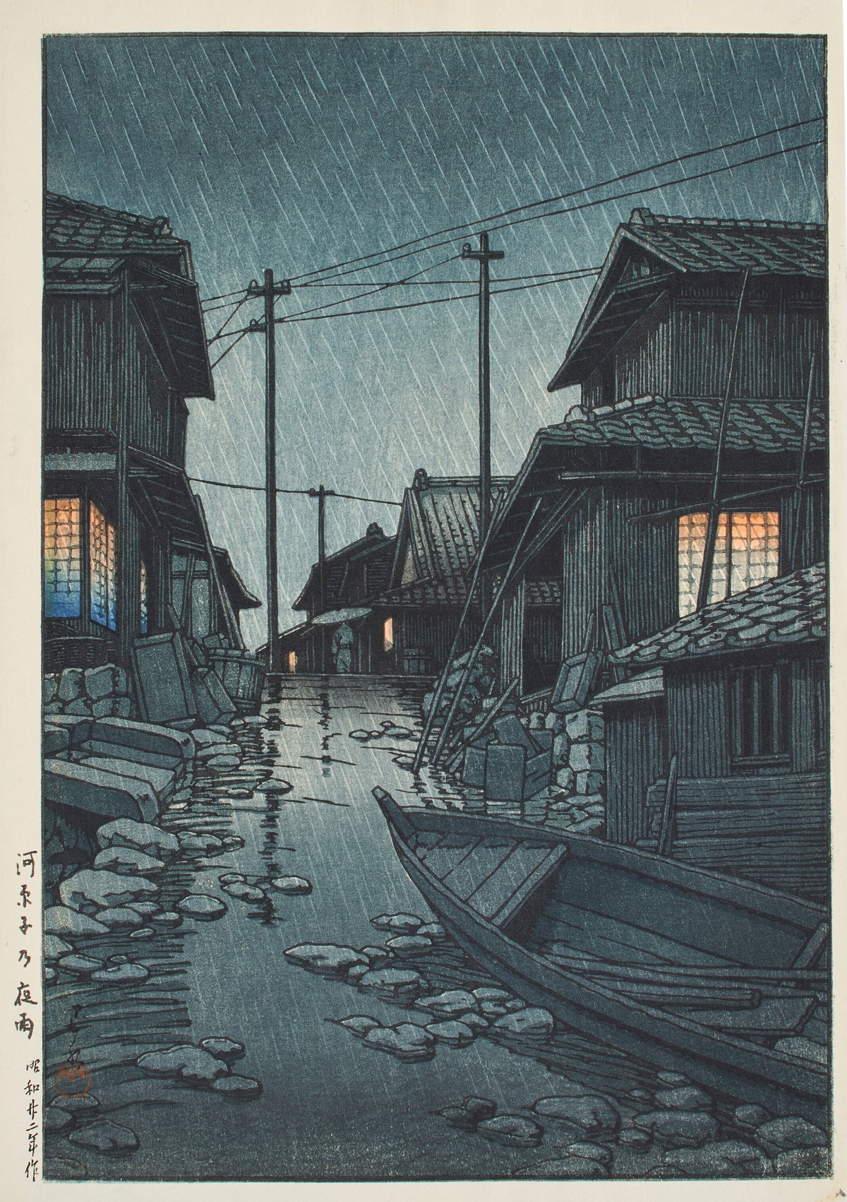 Night Rain at Kawarago by Kawase Hasui — Slanting rain over a waterside lane of glowing windows