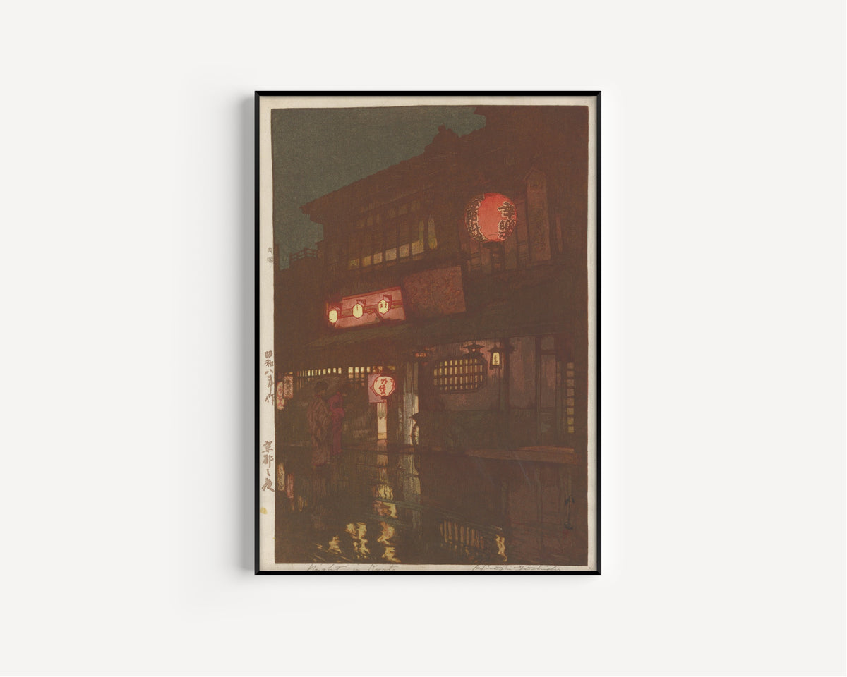 Framed art print of Night in Kyoto by Hiroshi Yoshida, in a slim black frame on a plain white wall