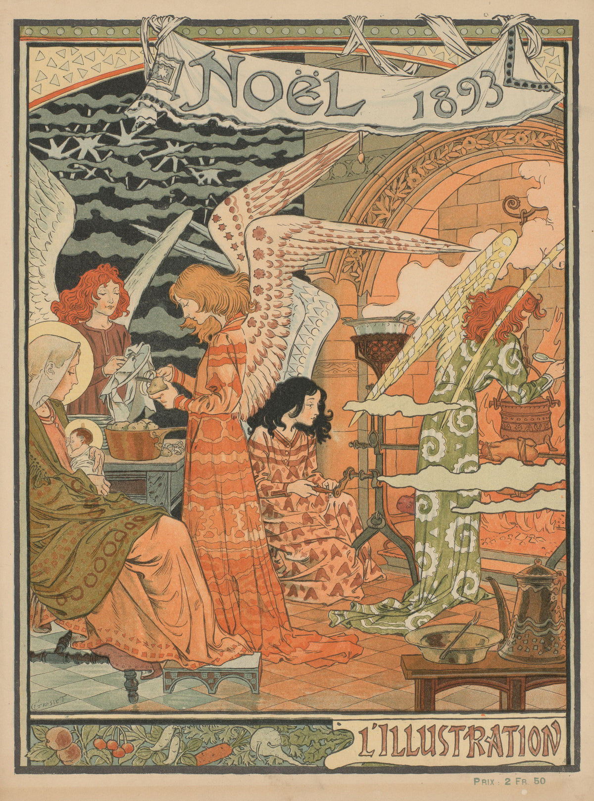 Noël 1893 by Eugène Grasset — Angels cook for the Holy Family beside a glowing hearth