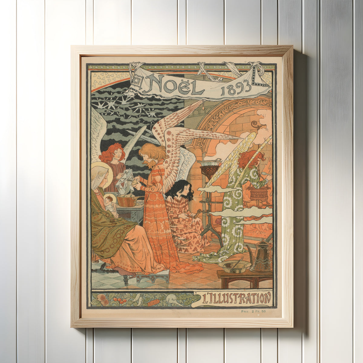 Framed art print of Noël 1893 by Eugène Grasset, in a light wood frame on a white panelled wall