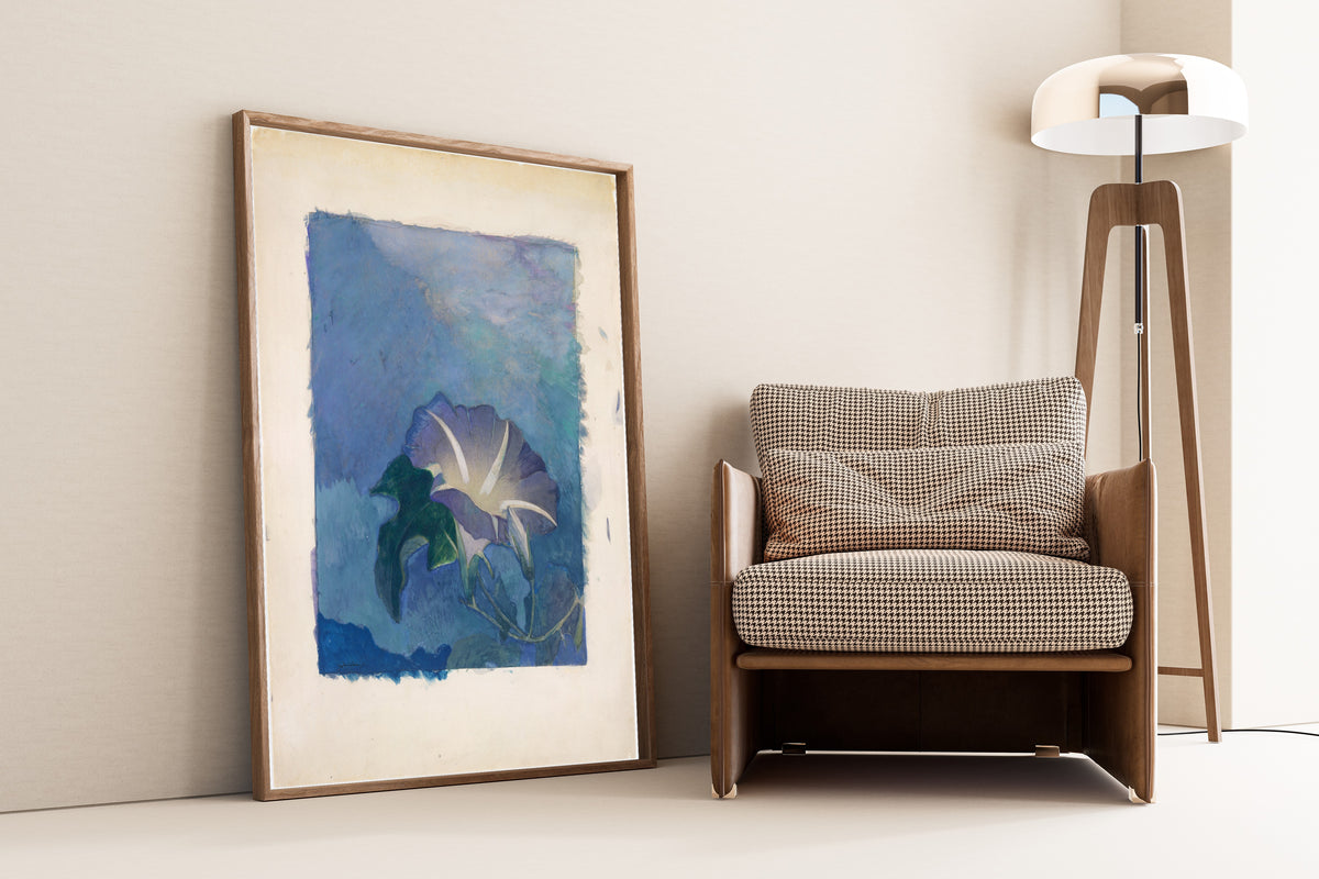 Nocturne by John La Farge — framed and leaning against a wall beside an armchair and a floor lamp