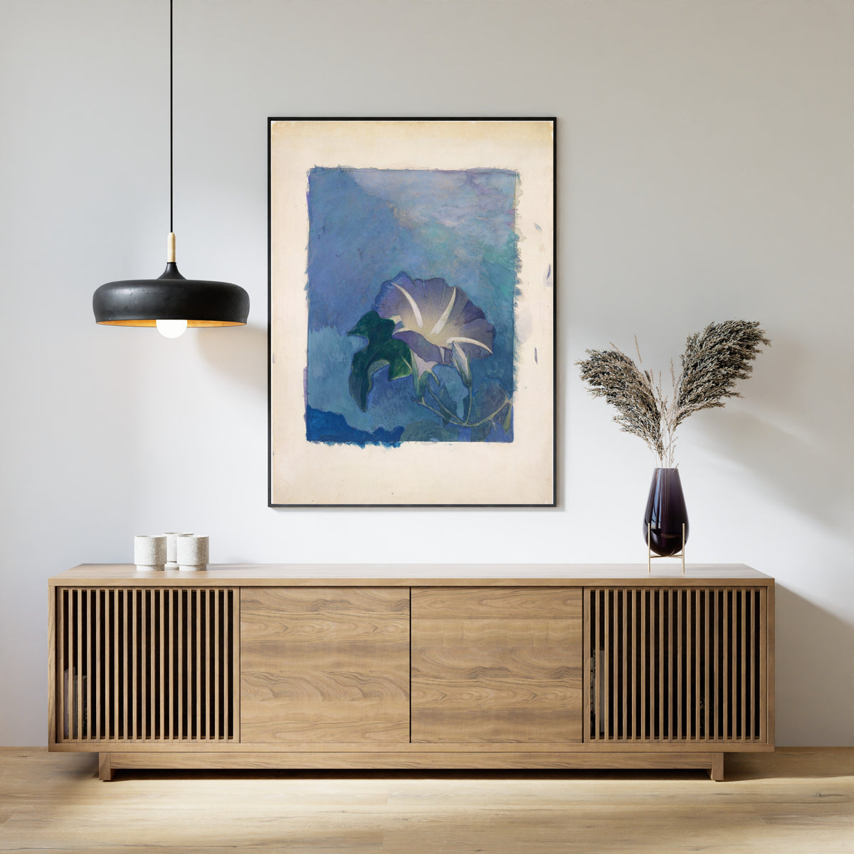 Nocturne by John La Farge — framed above a slatted wood sideboard