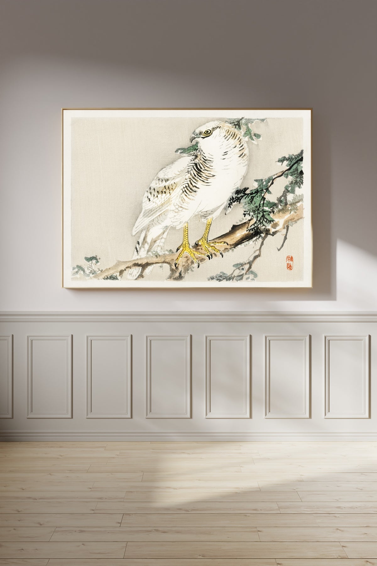 Kōno Bairei — White Hawk on an Evergreen Branch | Japanese Bird & Flower Woodblock Print