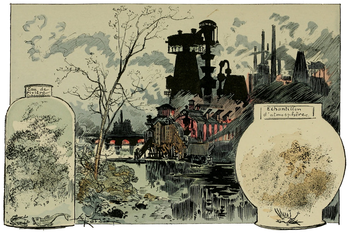 Multiplication des ferments pathogènes, des différents microbes et bacilles by Albert Robida — Smoking factories on a river between jars of foul water and air