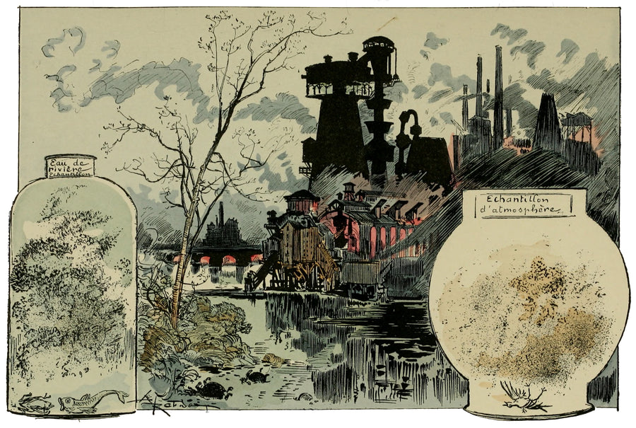 Albert Robida — Nos fleuves et notre atmosphère. — Multiplication des ferments pathogènes, des différents microbes et bacilles | Vintage Illustration Print shown to scale on a wall above a sofa