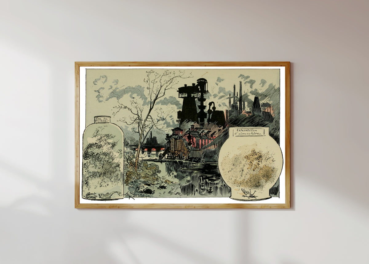 Framed art print of Multiplication des ferments pathogènes, des différents microbes et bacilles by Albert Robida, in a light wood frame on a sunlit white wall