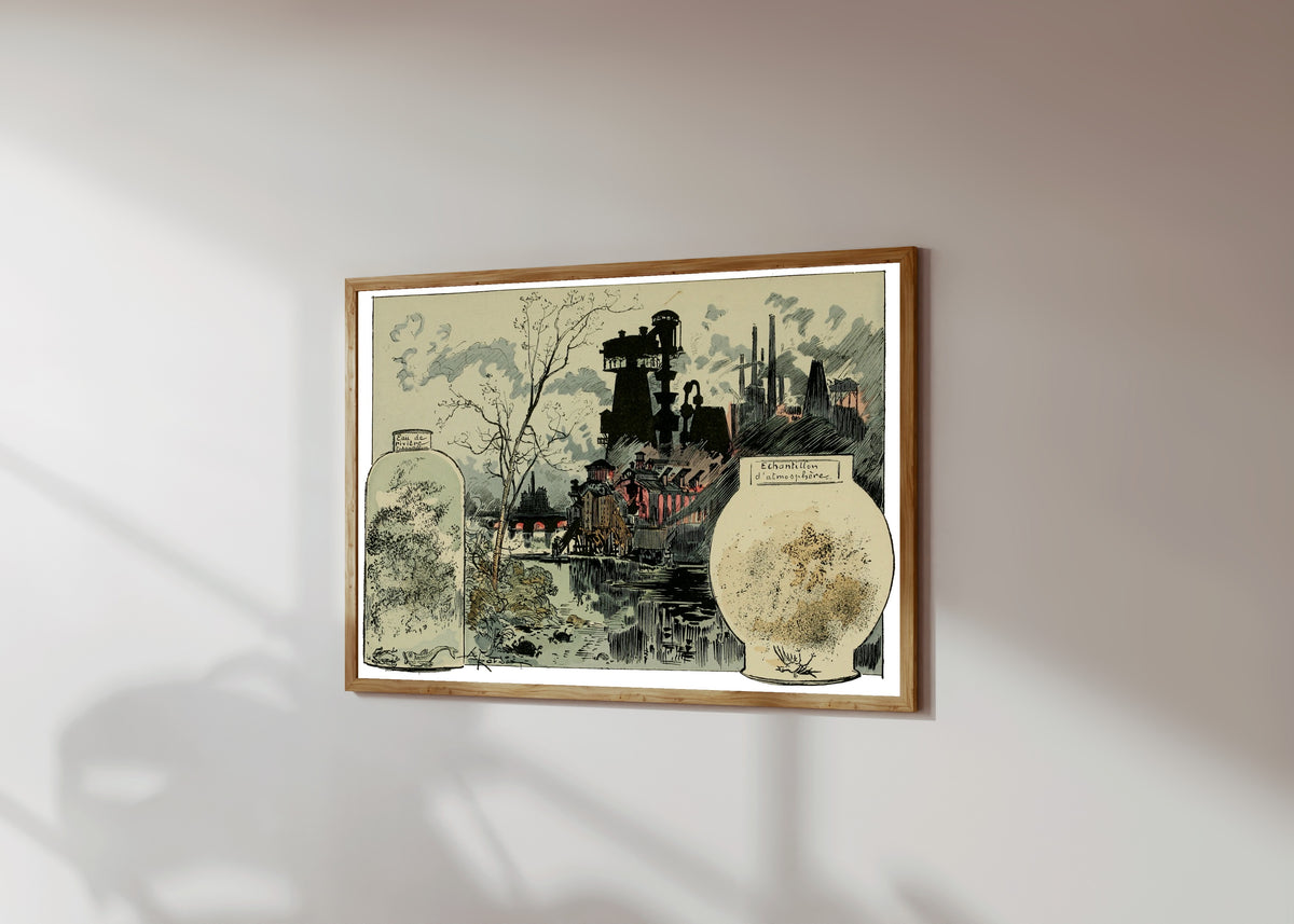 Framed art print of Multiplication des ferments pathogènes, des… by Albert Robida, in a light wood frame on a sunlit white wall, seen at a slight angle