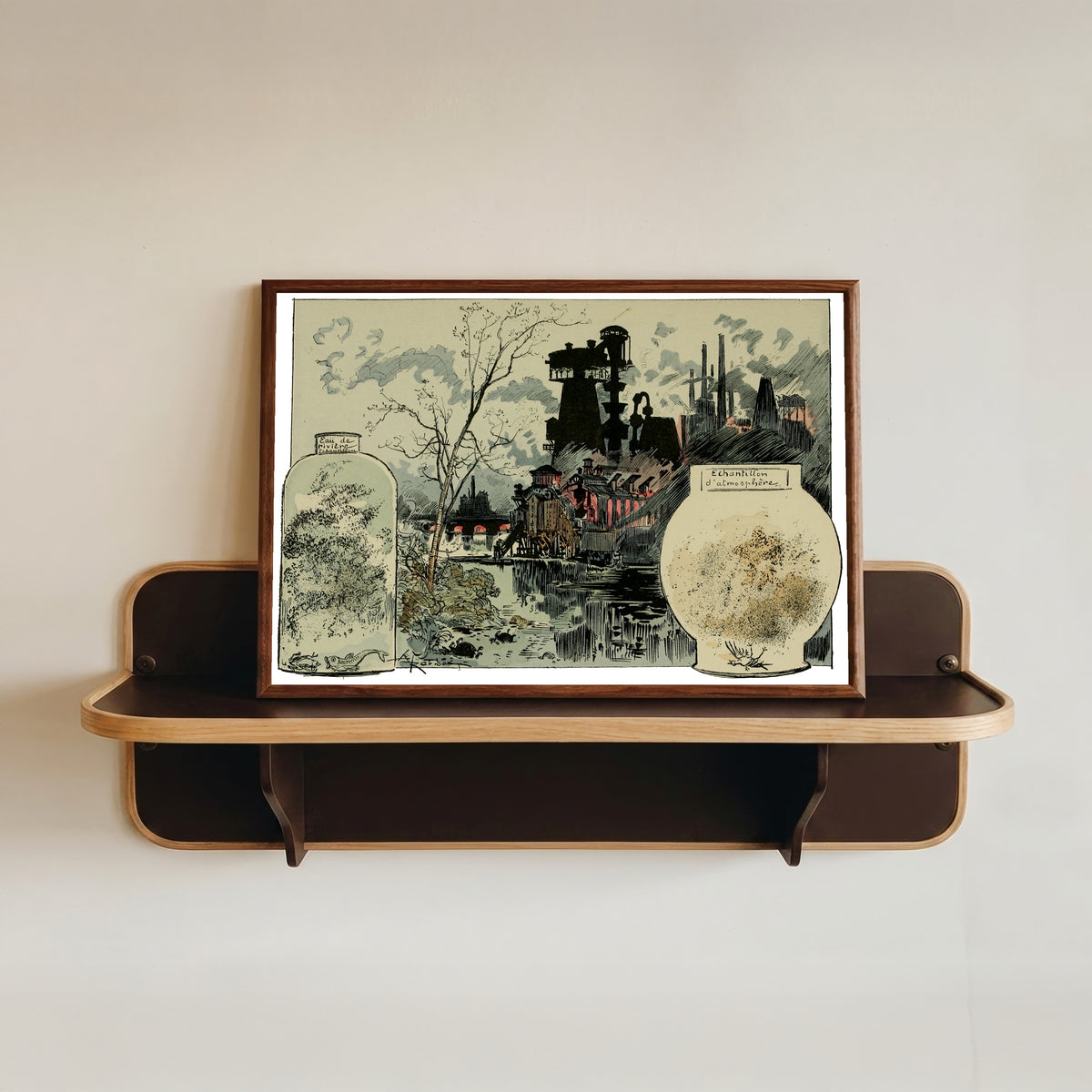 Framed art print of Multiplication des ferments pathogènes, des différents microbes et bacilles by Albert Robida, in a dark wood frame resting on a wall shelf