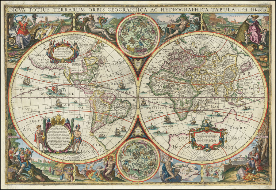 Melchior Tavernier II — Nova Totius Terrarum Orbis Geographica ac Hydrographica Tabula | Hand-Coloured Antique World Map Print shown to scale on a wall above a sofa