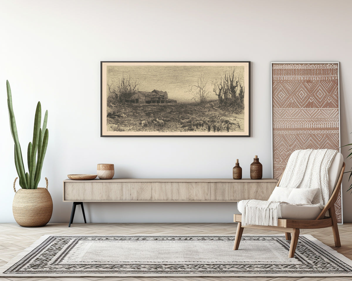 November by Stephen Parrish — framed above a sideboard in a living room