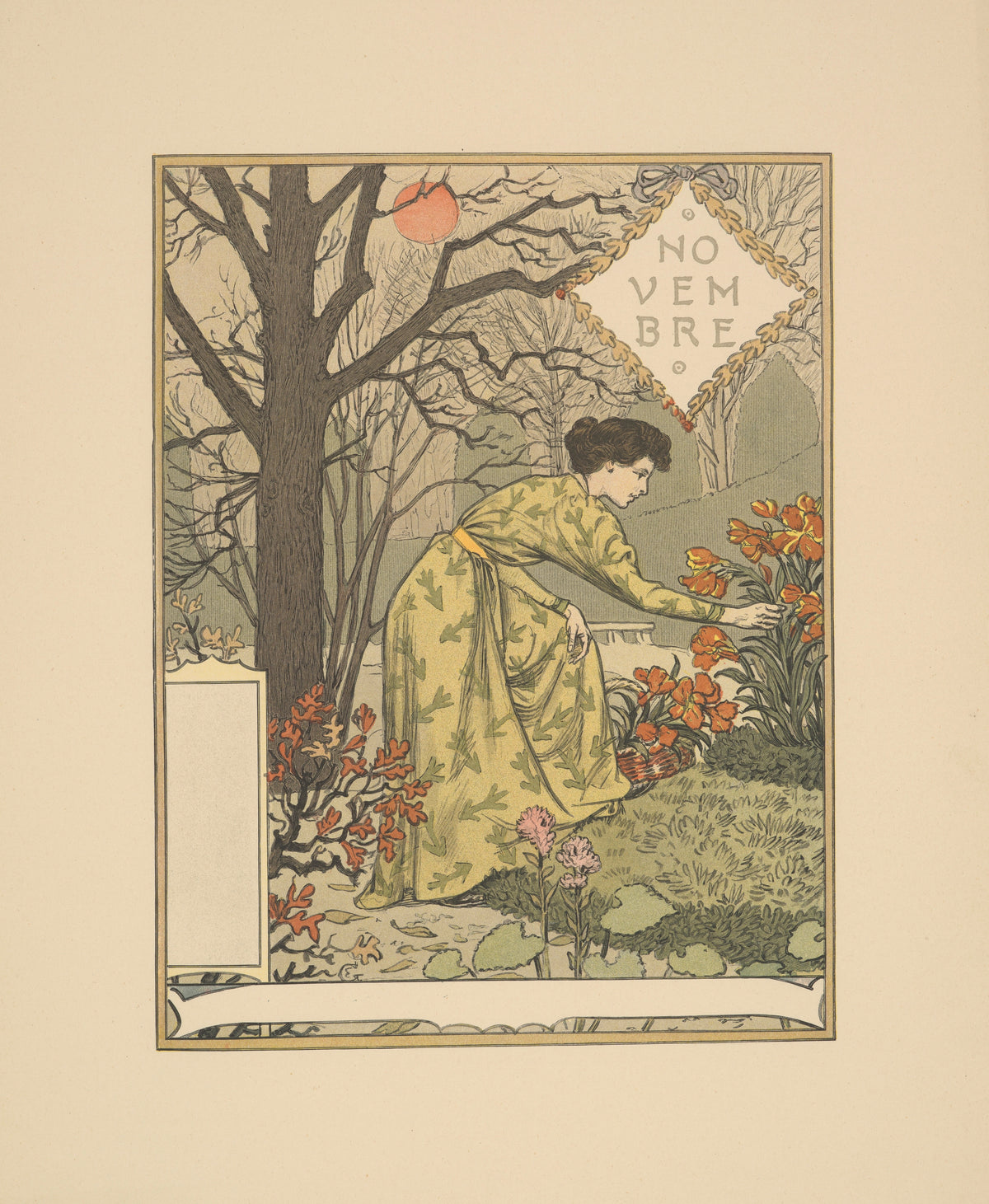 Novembre by Eugène Grasset — A woman in an olive gown gathers orange flowers beneath bare branches