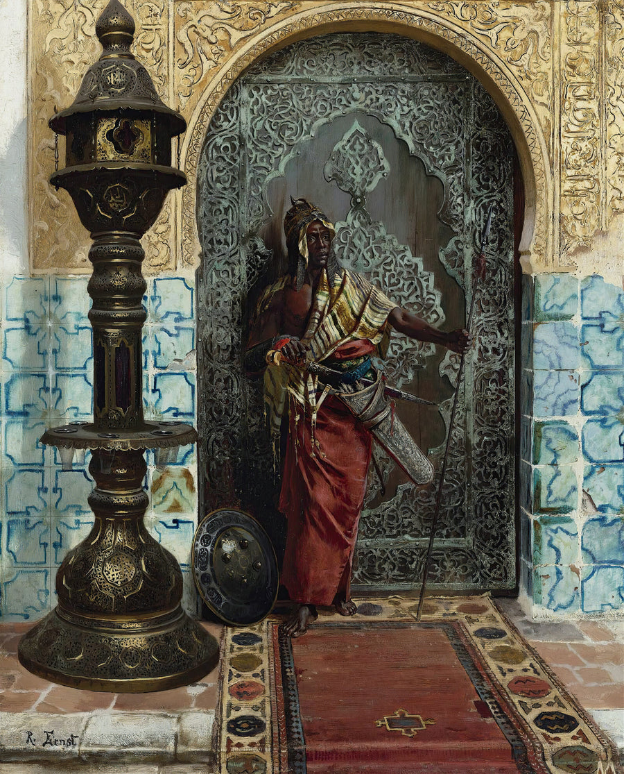 Rudolf Ernst — Nubian Guard | Art Print shown to scale on a wall above a sofa