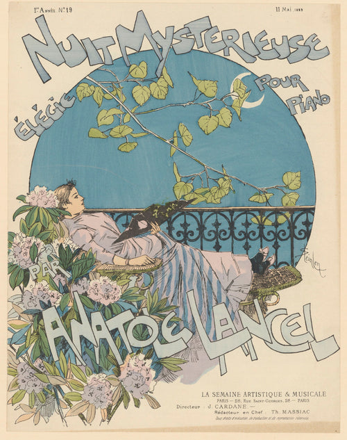 Nuit mystérieuse, élégie pour piano par Anatole Lancel by Théophile Steinlen — A woman reclines on a balcony beneath a crescent moon