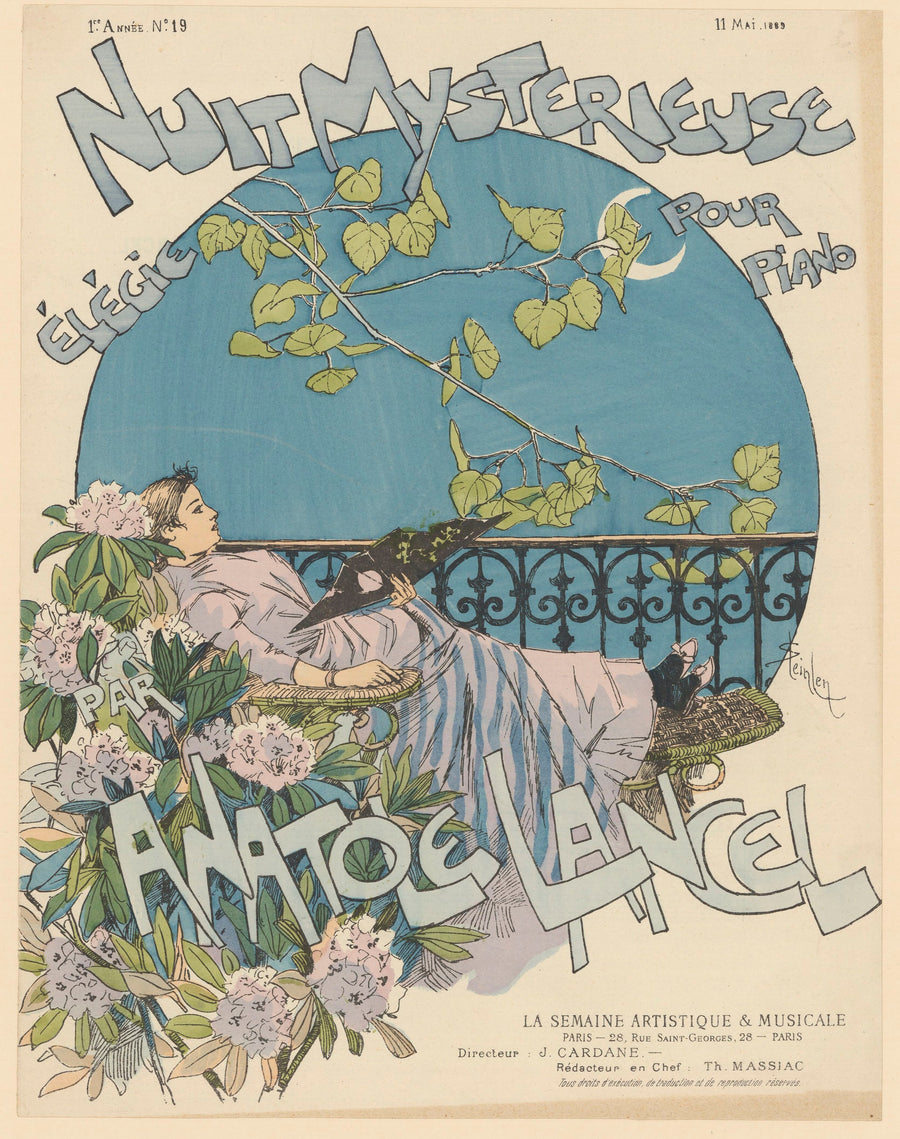 Théophile Steinlen — Nuit mystérieuse, élégie pour piano par Anatole Lancel | Vintage Poster Print shown to scale on a wall above a sofa
