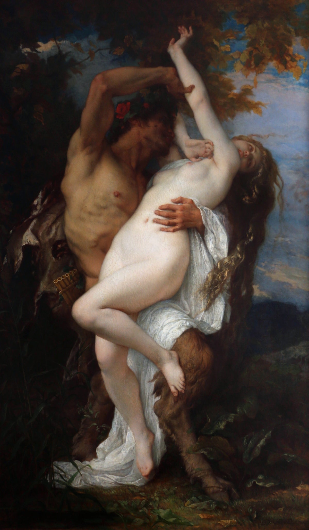 Nymph Abducted by a Faun by Alexandre Cabanel — A faun lifts a struggling nymph beneath autumn leaves