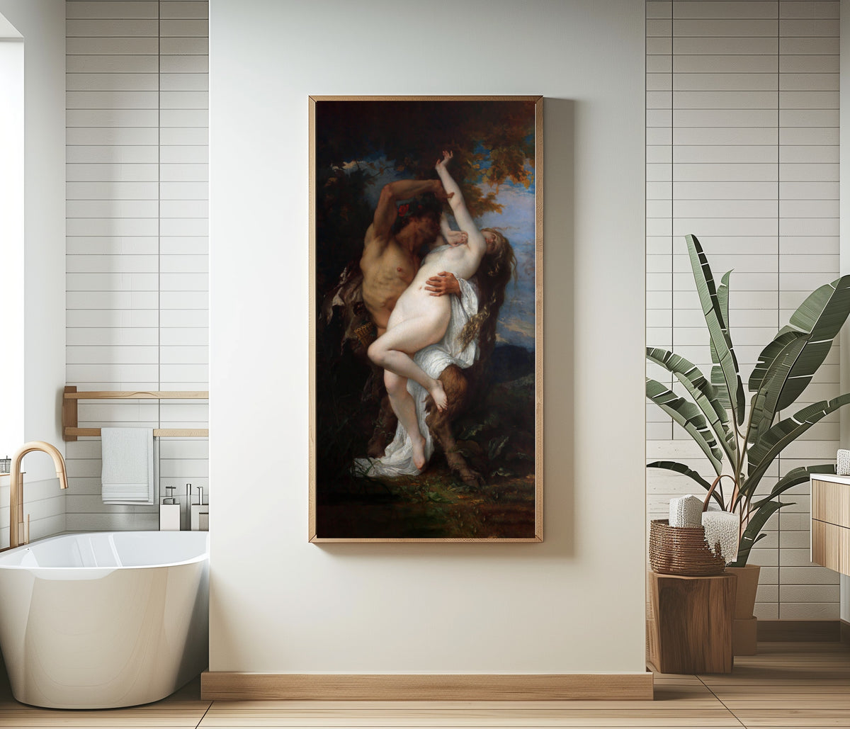 Framed art print of Nymph Abducted by a Faun by Alexandre Cabanel, in a bathroom beside a freestanding tub