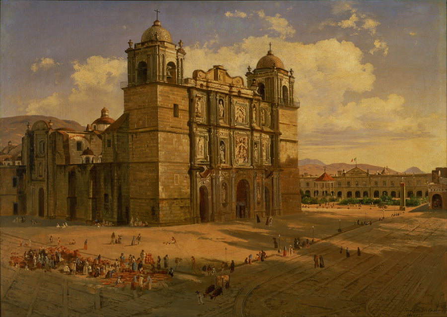 José María Velasco — Oaxaca Cathedral | Landscape Fine Art Print shown to scale on a wall above a sofa