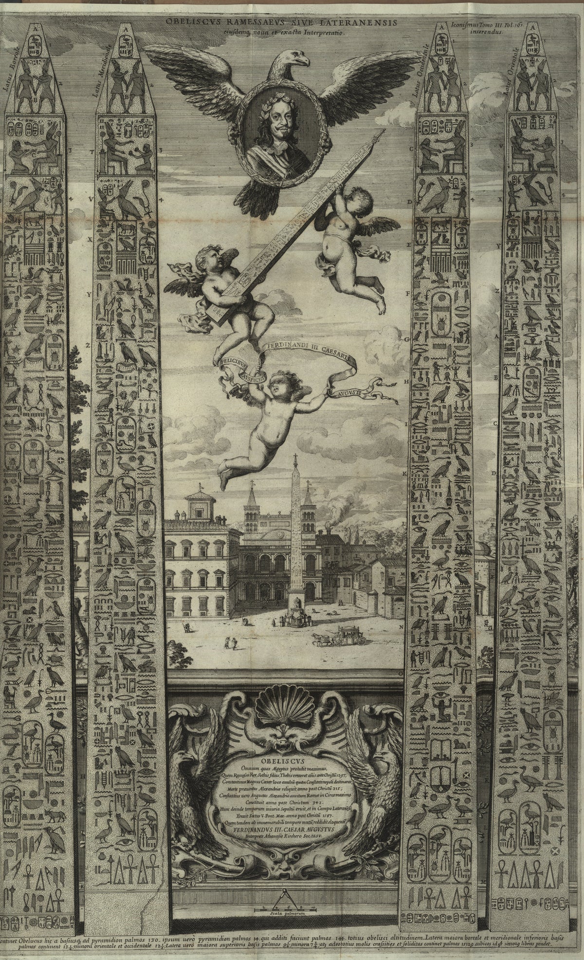 Obelisk Plate with Eagle and Cherubs (Oedipus Aegyptiacus) by Athanasius Kircher — Cherubs hoist an obelisk between four towers of hieroglyphs