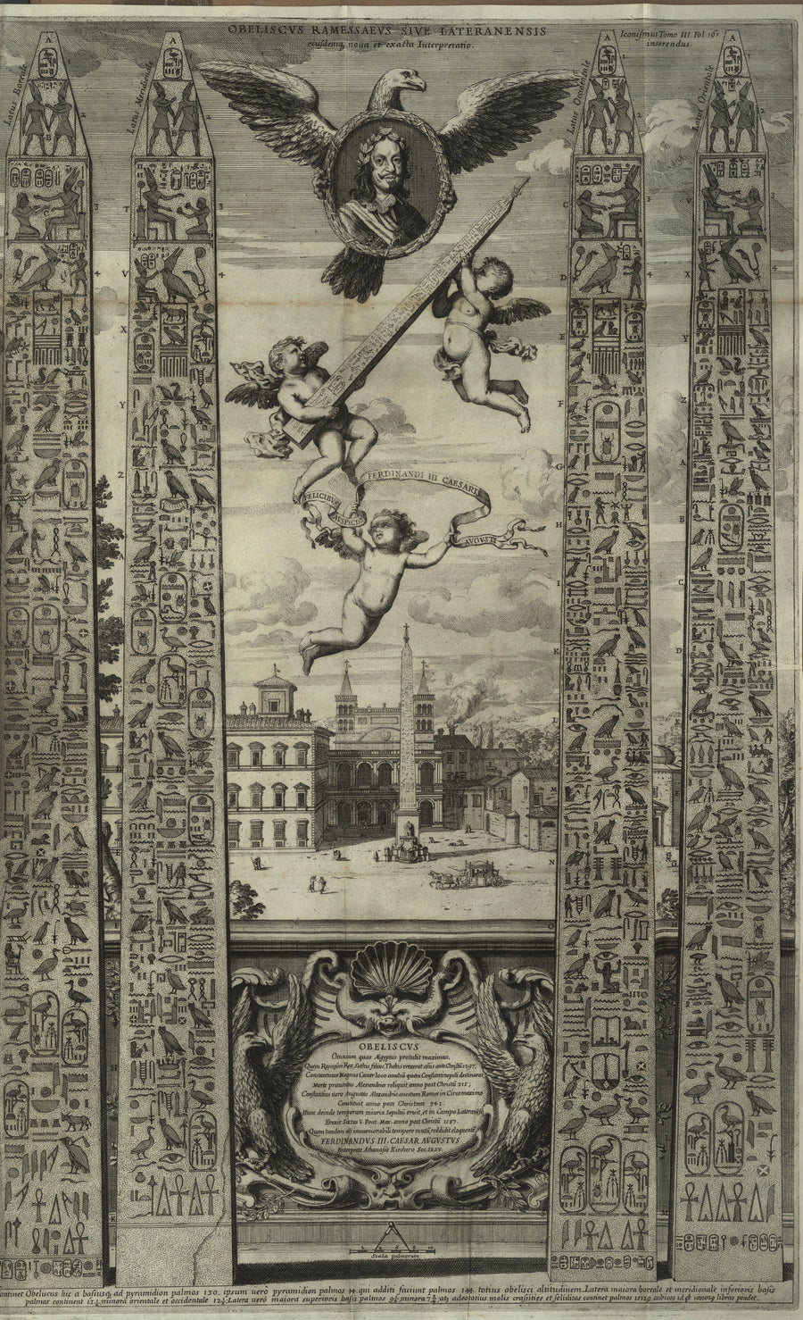 Athanasius Kircher — Obelisk Plate with Eagle and Cherubs (Oedipus Aegyptiacus) | Alchemical Engraving Print shown to scale on a wall above a sofa