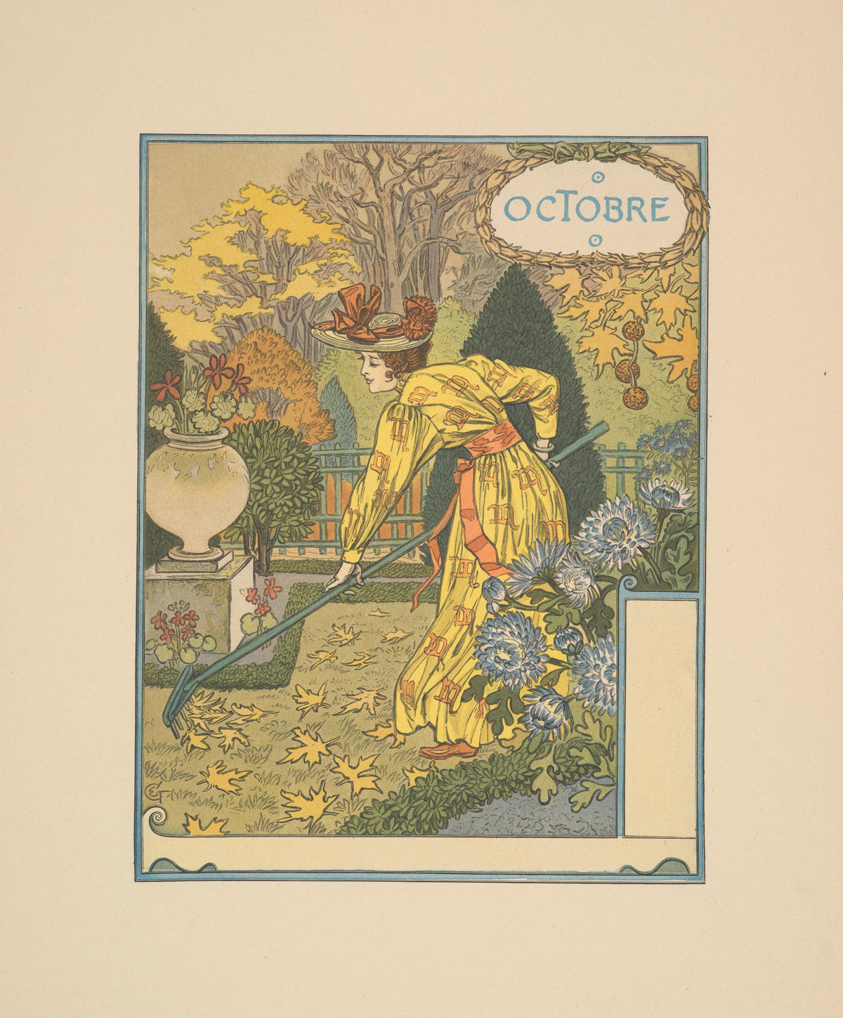 Octobre by Eugène Grasset — A woman in yellow rakes fallen maple leaves in an autumn garden