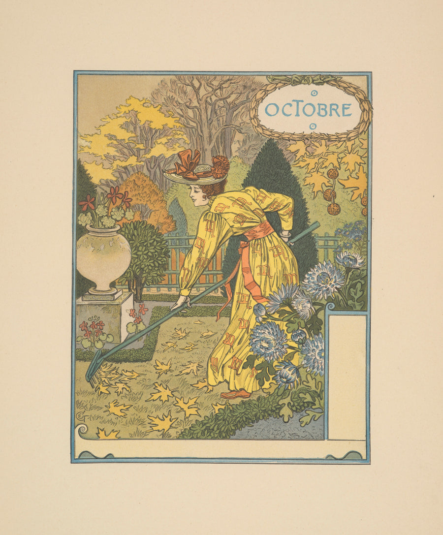Eugène Grasset — Octobre | Art Nouveau Print shown to scale on a wall above a sofa