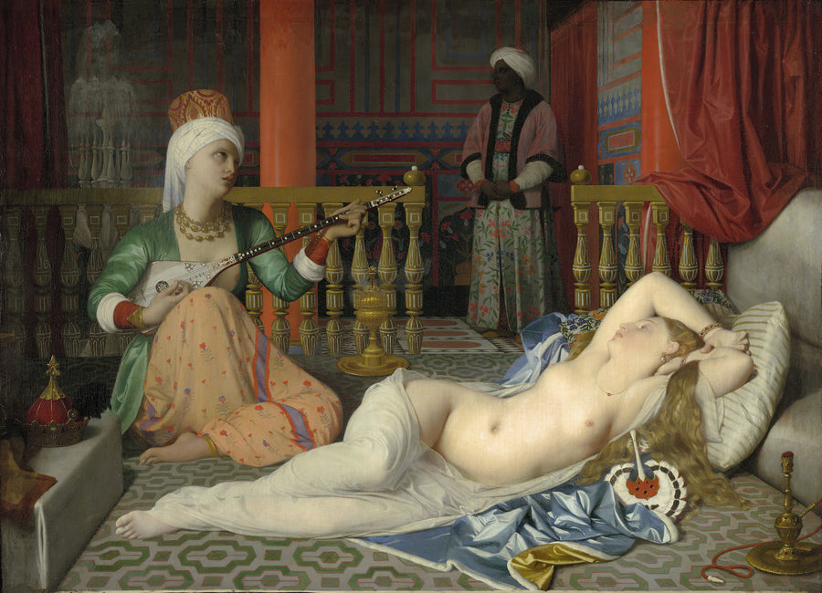 Jean-Auguste-Dominique Ingres — Odalisque with Slave | Fine Art Print shown to scale on a wall above a sofa