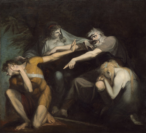 Oedipus Cursing His Son, Polynices by Henry Fuseli — A blind old king points a curse at his cowering son