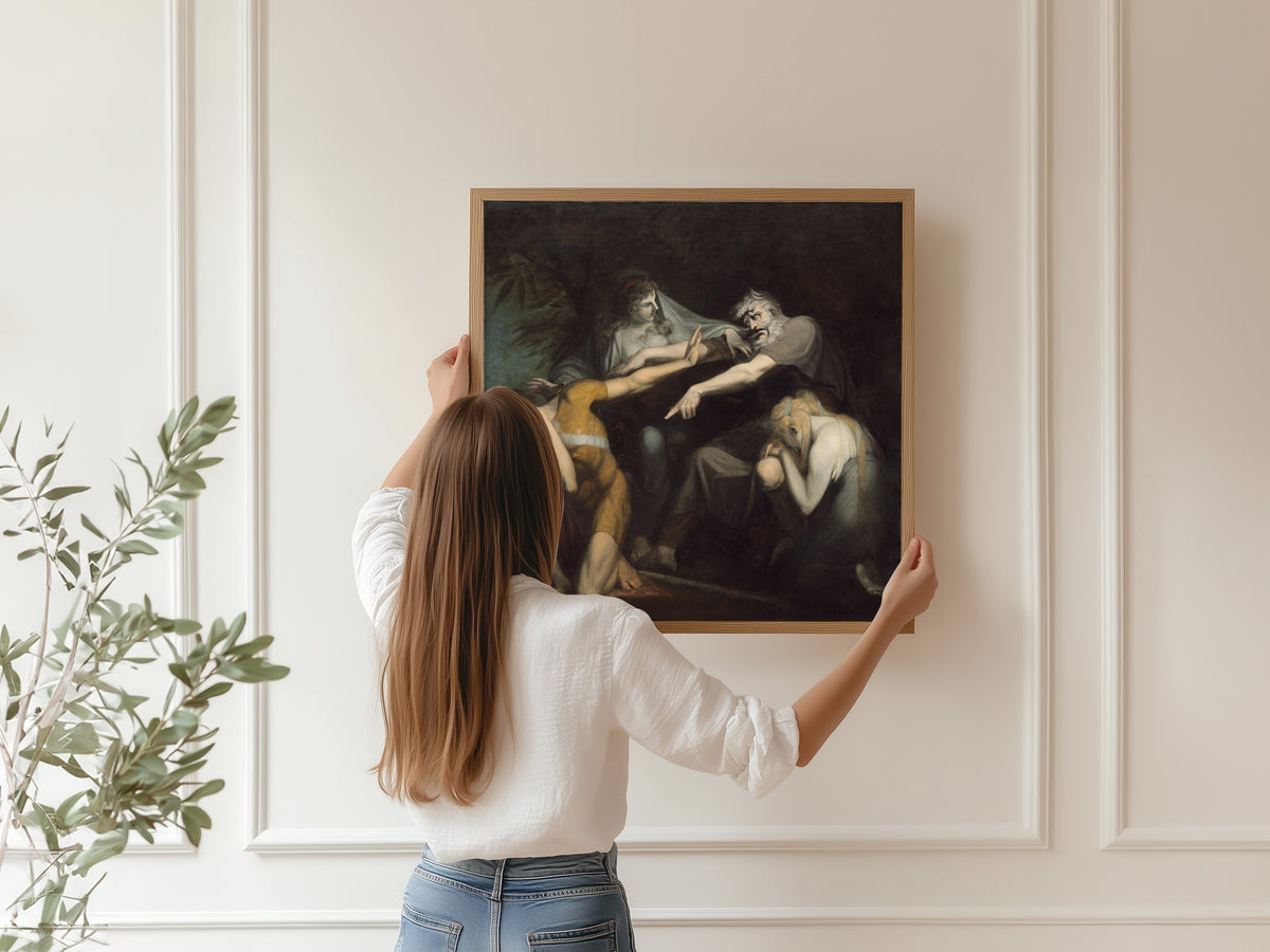 Framed art print of Oedipus Cursing His Son, Polynices by Henry Fuseli, hung on a panelled wall