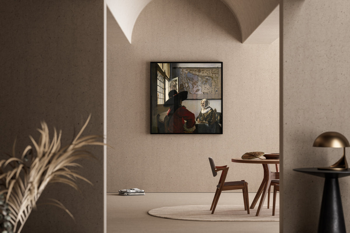 Framed art print of Officer and Laughing Girl by Johannes Vermeer, in a sunlit dining corner