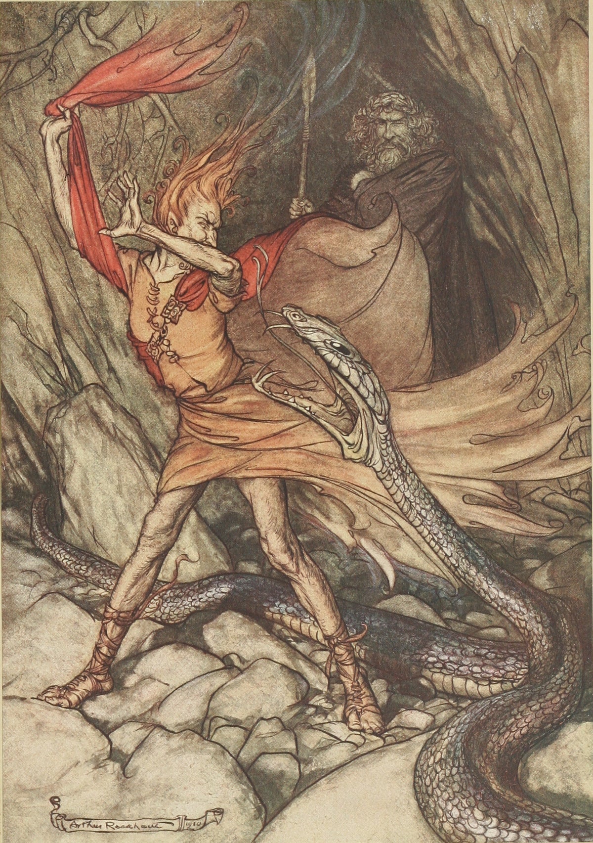 Arthur Rackham — Ohé! Ohé! Horrible Dragon, O Swallow Me Not | Wagner Illustration Print