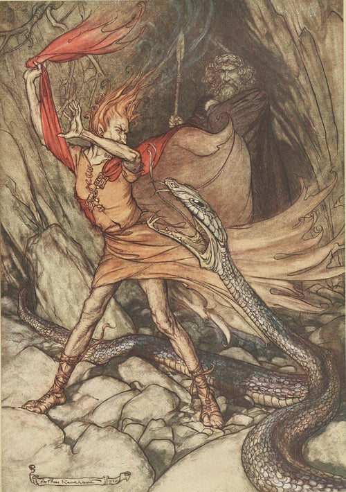 Arthur Rackham — Ohé! Ohé! Horrible Dragon, O Swallow Me Not | Wagner Illustration Print