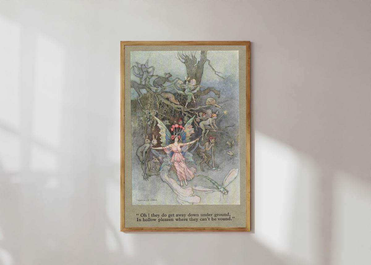 Framed art print of Oh! they do get away down under ground, in hollow pleazen where they can’t… by Warwick Goble, in a light wood frame on a sunlit white wall