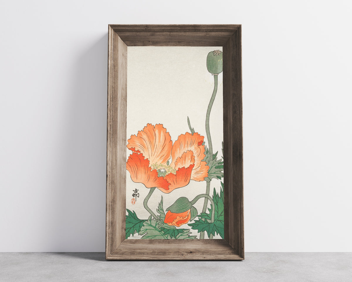 Poppies by Ohara Koson — in a wide wooden frame leaning against a concrete wall