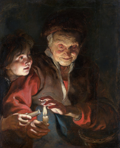 Old Woman and Boy with Candles by Peter Paul Rubens — An old woman shields a candle flame as a boy brings his own to it