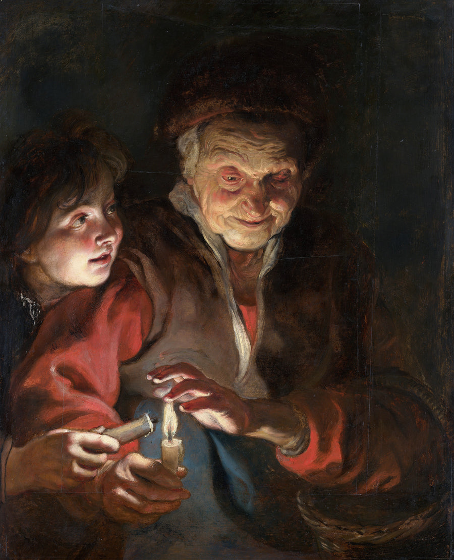 Peter Paul Rubens — Old Woman and Boy with Candles | Fine Art Print shown to scale on a wall above a sofa