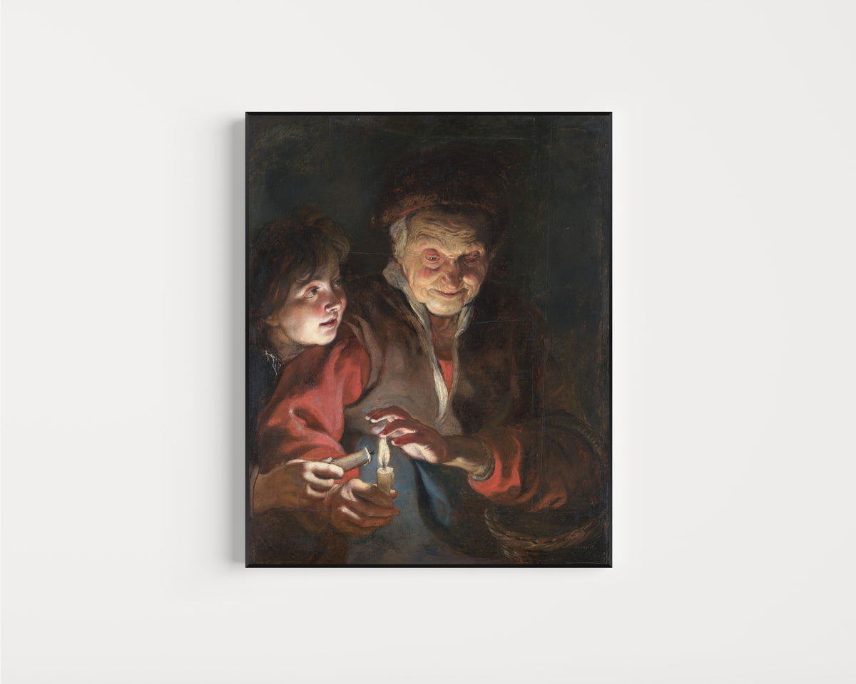 Framed art print of Old Woman and Boy with Candles by Peter Paul Rubens, in a slim black frame on a plain white wall
