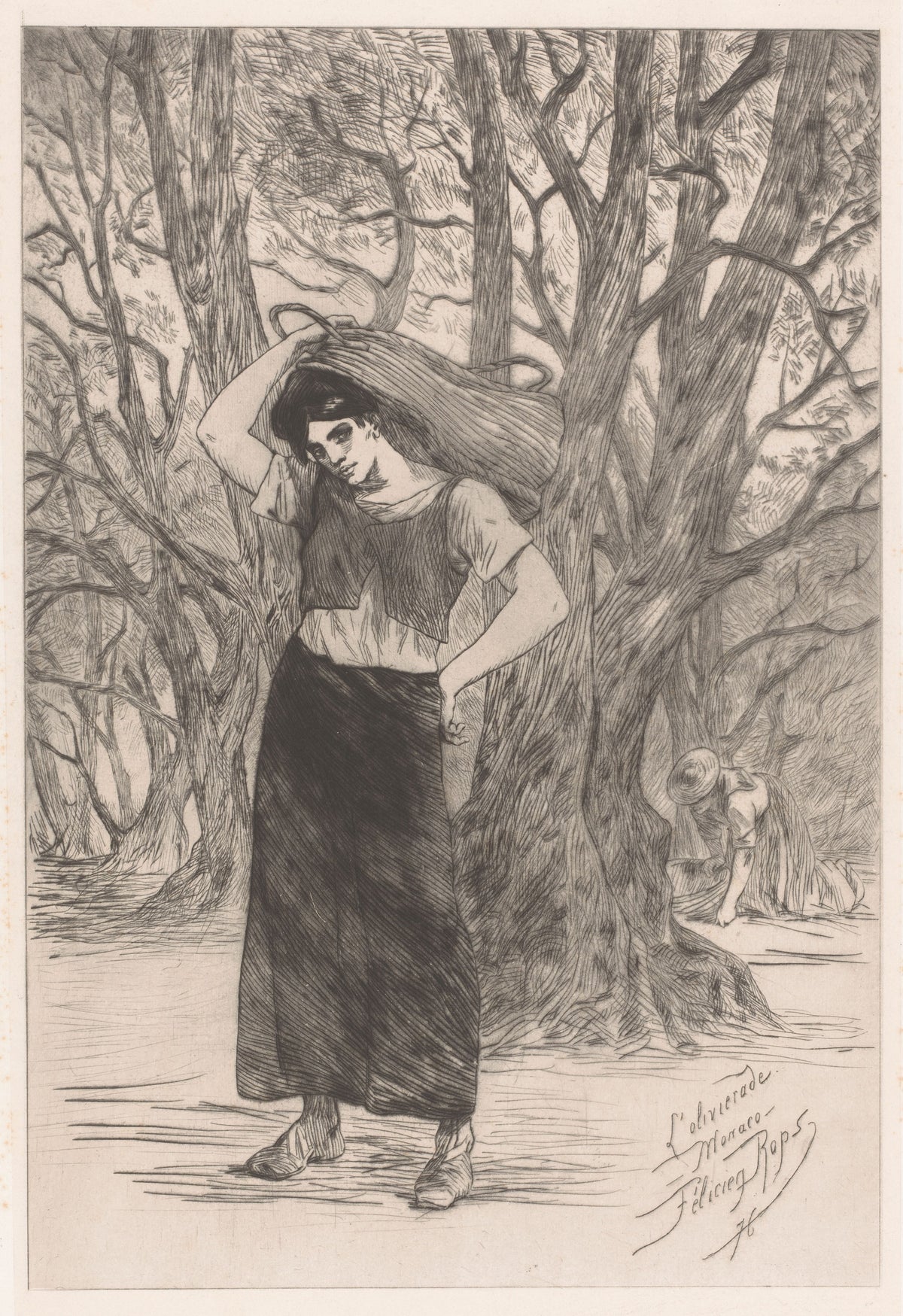 Olijvenplukster (L'olivierade, À Monaco) by Félicien Rops — An olive picker pauses under gnarled trees with a basket on her head